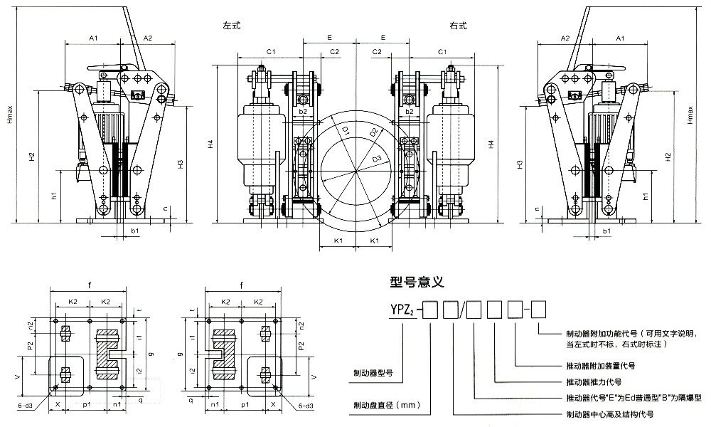 点击查看大图 YPZ(2)ⅣⅤⅥ液压臂盘式制动器外形尺寸/型号意义图.jpg