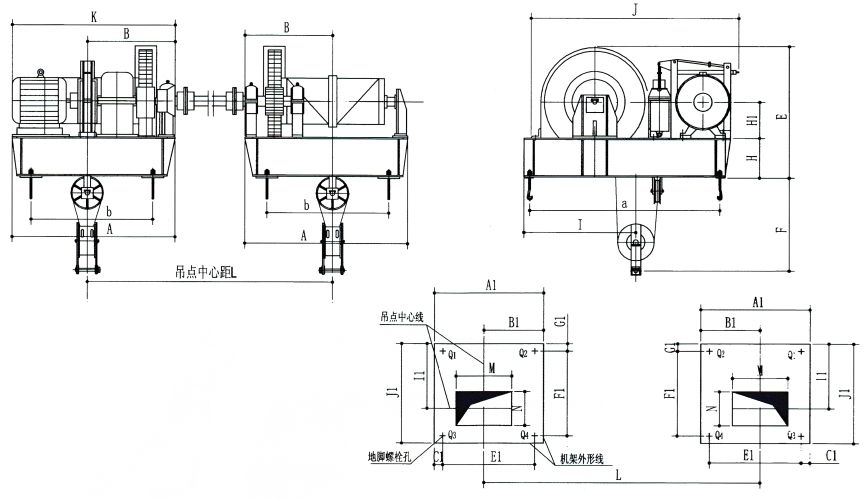 点击查看大图 QPK2×50KN-QPK2×250KN系列卷扬式双吊点启闭机外形及基础布置示意图