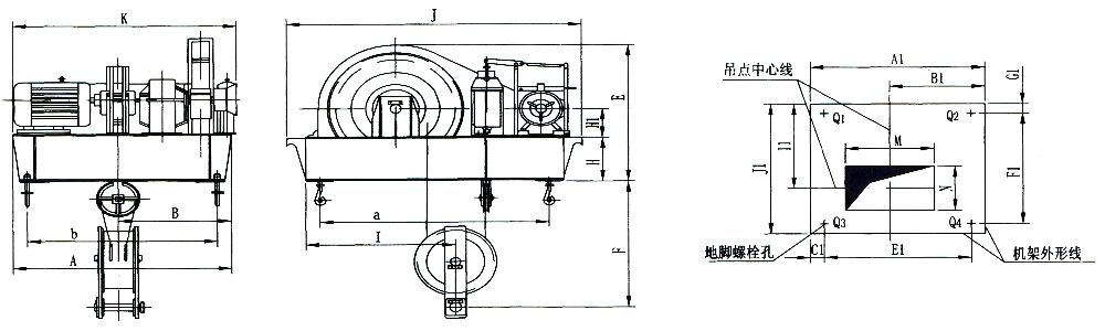 点击查看大图 QPK1×50KN-QPK1×250KN系列卷扬式单吊点启闭机外形及基础布置示意图