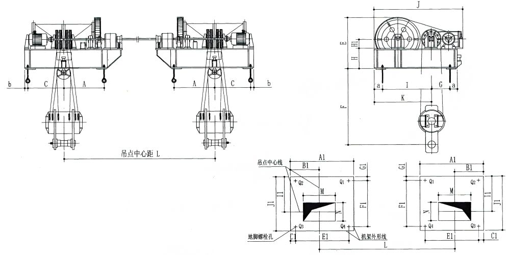 点击查看大图 QPK2×400KN-QPK2×1250KN系列卷扬式双吊点启闭机外形及基础布置示意图