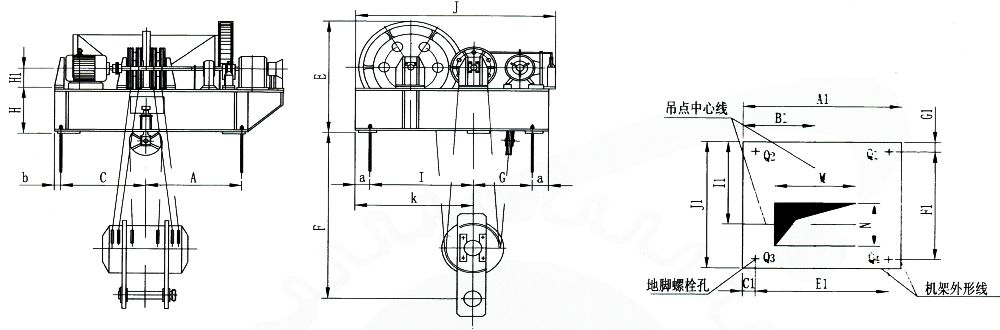 点击查看大图 QPK1×400KN-QPK1×1250KN系列卷扬式单吊点启闭机外形及基础布置示意图
