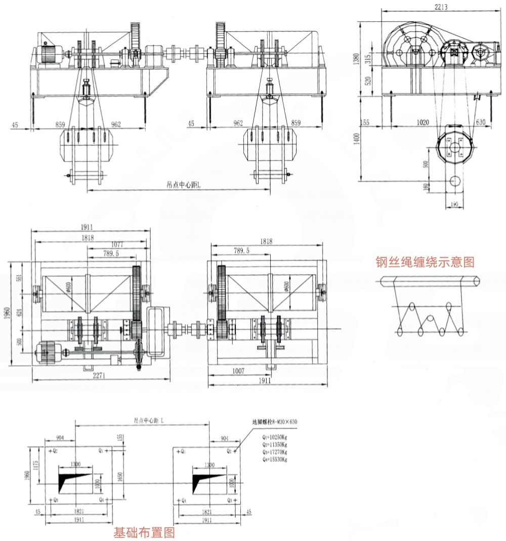 点击查看大图 QP2×400KN系列卷扬式双吊点启闭机外形及基础布置示意图